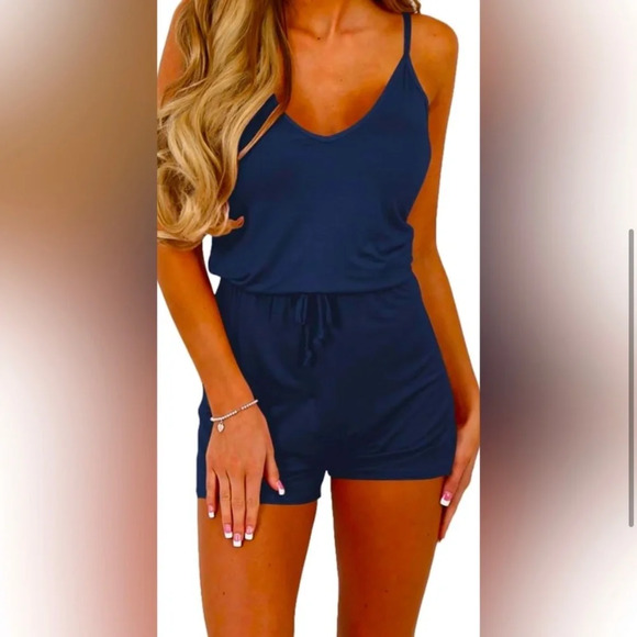 Host Pick😍New Women’s Navy Blue Drawstring Slim Fit Romper Jumpsuit Sz S - Picture 1 of 3